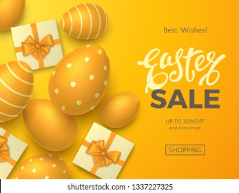 Stylish Easter sale banner with text, 3D realistic eggs and gift boxes with bows on orange background. Festive template for promo newsletters and flyers with discount or special offers.