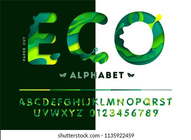 Stylish eco alphabet from colorful carved paper cut elements shapes. Vector illustration