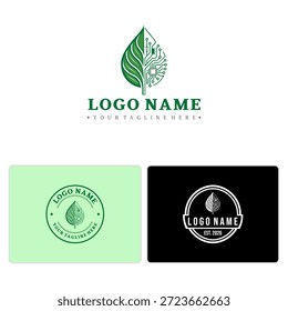 Logotipo ecologicamente correto combinando folha e circuito para energia limpa, start-ups renováveis ou plataformas de inovação sustentável.