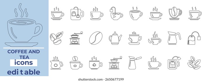 Stylish, editable coffee and tea icons for cafés, menus, packaging, mobile apps, and food branding—clean and modern design.