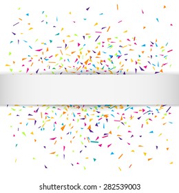 Stylish editable vector illustration of a white party background with colorful isolated confetti and a realistic silky ribbon for your text. Can be used as a greeting card graphic design template