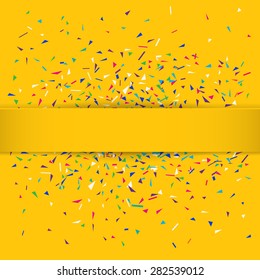 Stylish editable vector illustration of a yellow party background with colorful isolated confetti and a silky ribbon for your text. Can be used as a greeting card graphic design template