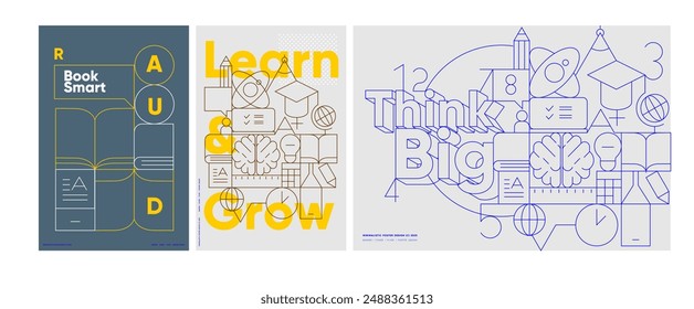 Stylish educational posters featuring geometric designs with motivational phrases for school.