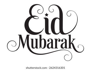 Stylish Eid Mubarak calligraphy design with black star accent and elegant swirls for Islamic festival greeting.