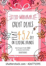 Stylish Eid Sale Flyer, Sale Banner, Sale Poster, Sale Pamphlet, Great Deals with Flat 45% Off on Leading Brands, Sale Vector Illustration.