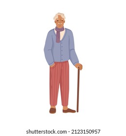 Stylish elder male personage with walking stick wearing modern clothes. Vector pensioner with scarf and comfortable pants isolated fashionable grandfather hipster senior man. Flat cartoon character