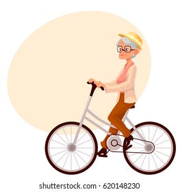 Stylish elder woman, old lady riding a bicycle, cycling, cartoon vector illustration with space for text. Full length, side view portrait of retired woman, old lady riding a bicycle, cycling