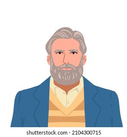 Stylish elderly handsome man with beard and gray hair in jacket. Happy people avatars. Head portrait. Colored flat vector illustration