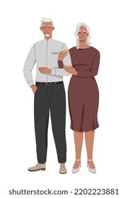 Stylish elderly people. Old couple or family in beautiful clothes. Man and woman pensioners in trendy shirt or dress. Grandmother and grandfather. Cartoon flat vector illustration on white background