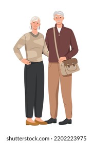 Stylish elderly people. Positive old man and woman in trendy casual outfits hugging. Family or couple of pensioners. Grandmother and grandfather. Cartoon flat vector illustration on white background