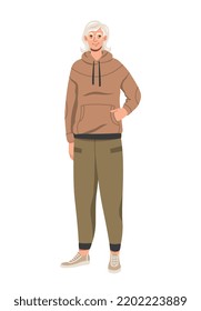 Stylish elderly person. Positive gray haired woman in trendy sportswear and glasses. Beautiful old grandmother in fashionable casual outfit. Cartoon flat vector illustration on white background
