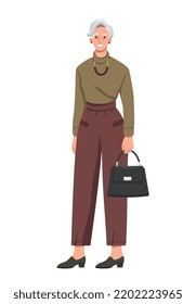 Stylish elderly person. Smiling grandmother in elegant trendy outfit and accessories holding bag. Smiling gray haired woman in fashionable clothes. Cartoon flat vector illustration on white background