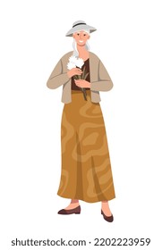 Stilvolle ältere Person. Lächelnde alte Frau in trendigem Hut und Rock hält Strauß von blühenden Pflanzen. Positive Oma in modischem Gelegenheitsoutfit. Cartoon-FlachVektorgrafik auf weißem Hintergrund