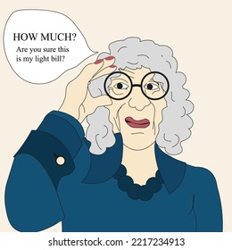 A stylish elderly woman with glasses, a blue shirt, red lips, beautiful beads and speech bubble with text How much? This is my light bill? Vector illustration of a fashionable adult European woman.