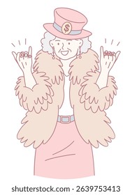 A stylish elderly woman in a vibrant pink outfit and fur coat, displaying a playful and cheerful demeanor