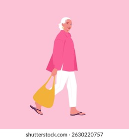 Stylish elderly woman walking with a tote bag. Fashion and lifestyle. Vector flat illustration