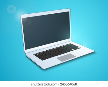 Stylish electronic device open laptop on sky blue background.