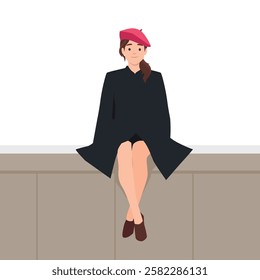 Stylish Elegance Woman in a Beret. Fashionable woman sits gracefully on a ledge. Flat vector illustration isolated on white background