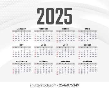 Stylish elegant 2025 new year annual calendar design template vector
