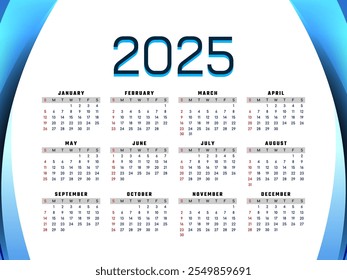 Stylish elegant 2025 new year annual calendar design template vector