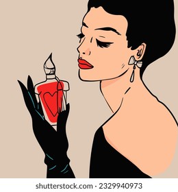 La elegante y elegante dama con guantes sostiene perfume. Hermosa joven sosteniendo una botella de perfume. Retro, de estilo vintage. Ilustración de vectores dibujada a mano. Cartel, impresión, plantilla de diseño