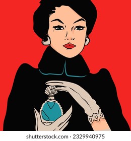 La elegante y elegante dama con guantes sostiene perfume. Hermosa joven sosteniendo una botella de perfume. Retro, de estilo vintage. Ilustración de vectores dibujada a mano. Cartel, impresión, plantilla de diseño