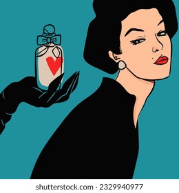 Elegante y elegante señora. Mano en guante sostiene perfume. Hermosa joven, botella de perfume con corazón. Retro, de estilo vintage. Ilustración de vectores dibujada a mano. Cartel, impresión, plantilla de diseño