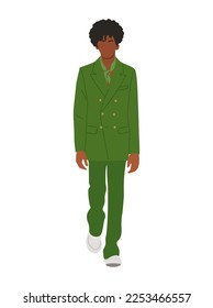 Elegante y elegante hombre negro vestido con un moderno traje de negocios de moda - traje verde formal. Un guapo hombre afroamericano caminando. Ilustración realista de vector dibujado a mano aislada en fondo blanco.