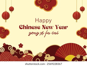 A stylish and elegant Chinese New Year greeting card featuring the text "Happy Chinese New Year" and "gong xi fa cai" in red, complemented by red lanterns, decorative clouds, floral accents, 