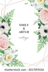 Stylish elegant floral vector art wedding invitation, save the date card. Quartz pink, light yellow garden roses, white anemone flowers, fern leaves, eucalyptus, geometrical rose gold decorative frame