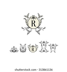 Stylish and elegant frame design template with letter R. Vector illustration.Black silhouette isolated on white.