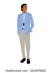 Stylish elegant hispanic man wearing modern fashionable business outfit - formal blue jacket, pants. Handsome latin man standing. Hand drawn vector realistic illustration isolated on white background.