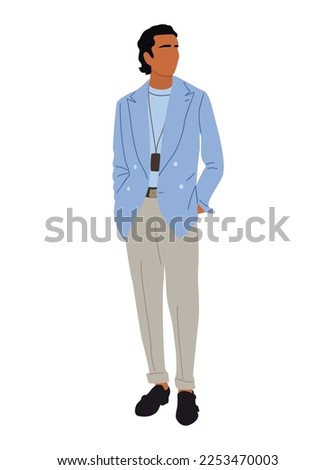 Stylish elegant hispanic man wearing modern fashionable business outfit - formal blue jacket, pants. Handsome latin man standing. Hand drawn vector realistic illustration isolated on white background.