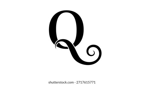A stylish and elegant image of the letter Q in black, adorned with a decorative flourish and set against a clean white background. Ideal for design projects, monograms, or graphic elements where a