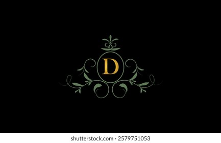 Stylish elegant logo with letter D on dark background. Sign for restaurant, emblem of jewelry, boutique, hotel, business.