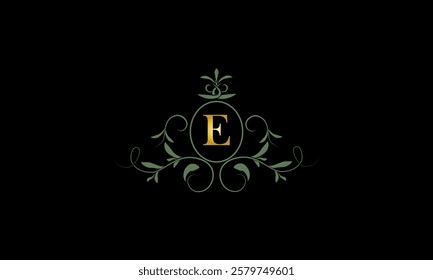 Stylish elegant logo with letter E on dark background. Sign for restaurant, emblem of jewelry, boutique, hotel, business.