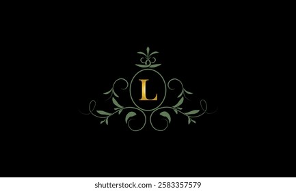 Stylish elegant logo with letter L on dark background. Sign for restaurant, emblem of jewelry, boutique, hotel, business.