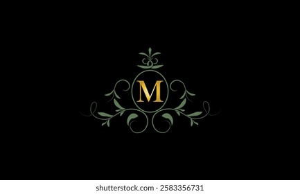 Stylish elegant logo with letter M on dark background. Sign for restaurant, emblem of jewelry, boutique, hotel, business.