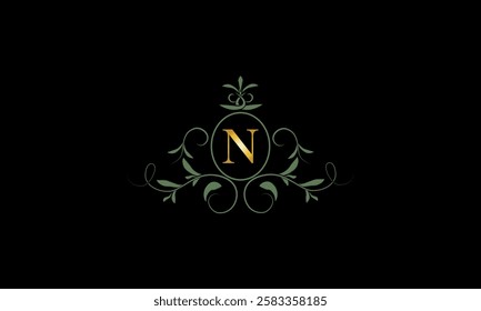 Stylish elegant logo with letter N on dark background. Sign for restaurant, emblem of jewelry, boutique, hotel, business.