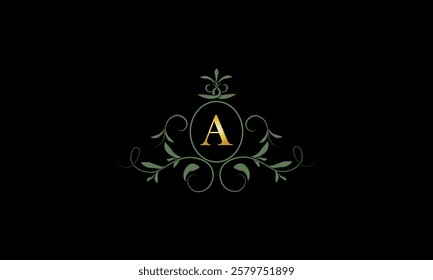 Stylish elegant logo with letter A on dark background. Sign for restaurant, emblem of jewelry, boutique, hotel, business.