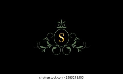 Stylish elegant logo with letter S on dark background. Sign for restaurant, emblem of jewelry, boutique, hotel, business.
