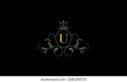 Stylish elegant logo with letter U on dark background. Sign for restaurant, emblem of jewelry, boutique, hotel, business.