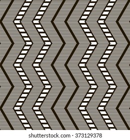 Stylish elegant modern seamless pattern with ethnic motifs. Black and white vertical zigzag with horizontal stripes. Contrasting graphic ornament. Vector illustration for beautiful creative design