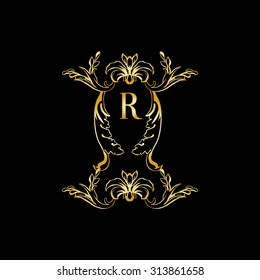 Stylish and elegant monogram design template with letter R. Vector illustration.Golden and luxury