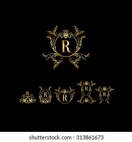 Stylish and elegant monogram design template with letter R. Vector illustration.Golden and luxury