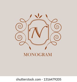 Stylish elegant ornament of monogram letters N. Logo design for cafes, bars, restaurants, hotels, invitations. Business style and brand of the company. Vector illustration.