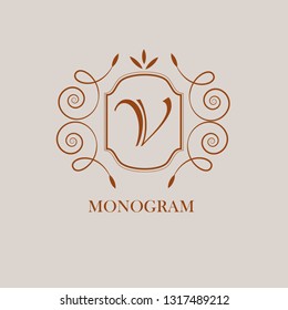 Stylish elegant ornament of monogram letters V. Decorative logo for cafes, bars, restaurants, hotels, invitations. Business style and brand of the company. Vector illustration.