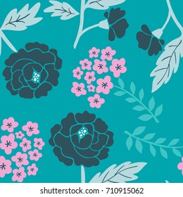 Stylish elegant romantic tender colorful seamless hand-drawn floral pattern with black and pink flowers on a teal color background. Vector illustration.