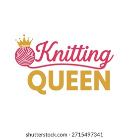 Um design de t-shirt elegante e elegante com a frase 'Tricô Rainha' com uma bola de fio e ícone da coroa, perfeito para os entusiastas de tricô.