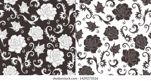Stylish embroidery. Monochrome seamless pattern with embroidered rose flowers.